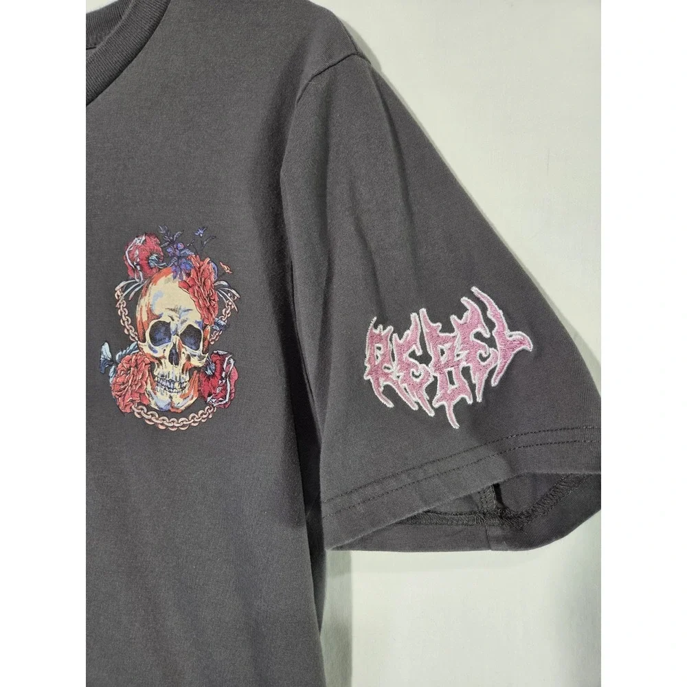 Unisex Rebel Vengeance Skull Floral Graphic T-Shirt M Charcoal Grey Embroidered